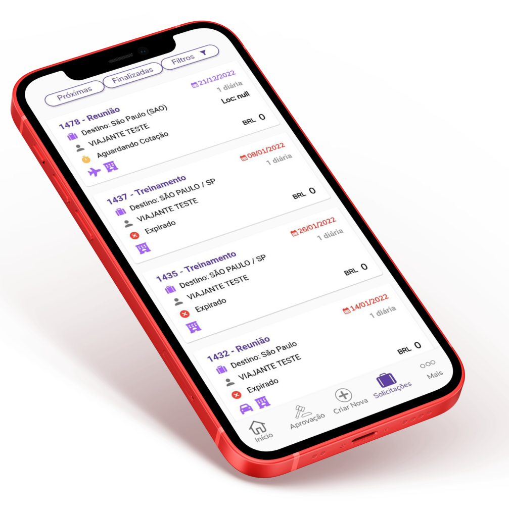 Aplicativo mobile, demostrando a tecnologia em viagens corporativas da Globalis